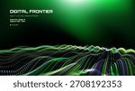 Green digital frontier text with waveform background. Next-level innovation concept with abstract data flow visualization for modern technology.