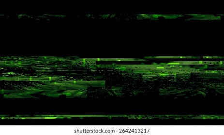 Plano de fundo verde de falha digital com linhas de fluxo de dados. Fluxo de matriz de vetor futurista retrô. Conceito cyberpunk para banner.