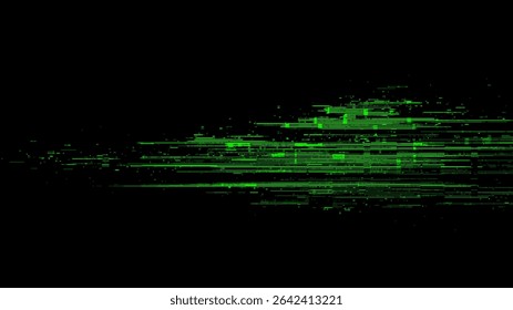 Fluxo de dados de falha digital verde no plano de fundo preto. Elemento gráfico de movimento de estilo de matriz abstrata para conceito de tecnologia.