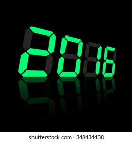 Green digital numbers 2016 year time on a black background.