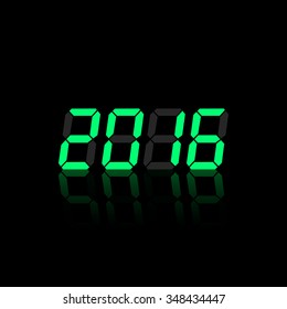 Green digital numbers 2016 year time on a black background.