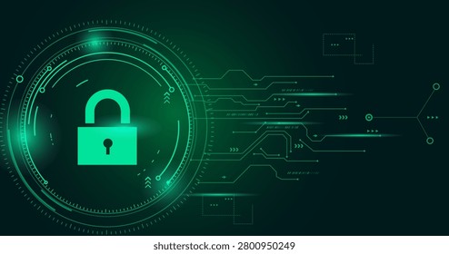 Green digital padlock icon on a futuristic circuit board background. Represents cybersecurity, data protection, and secure online networks.