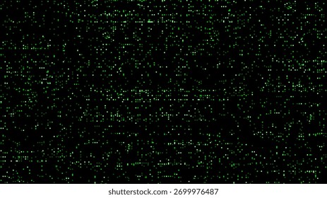 Green digital pixel dots on black background texture. Data stream concept for technology, computing, cyber security, and machine learning.