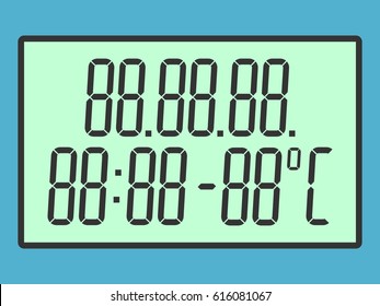 Green digital screen with italic digits, date, time and temperature isolated on blue background. Flat design. Vector illustration. EPS 8, no transparency