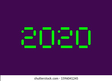 Green digital symbol on dark purple background. Happy new year 2020 text design. Card. Vector illustration of computer typography for print.