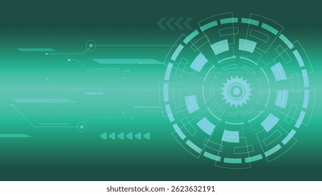 Fundo de tecnologia digital verde com interface circular estilo engrenagem e linhas de circuito brilhantes ideais para a inovação moderna e apresentações eletrônicas