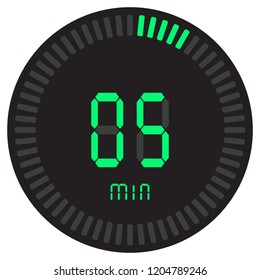 The green digital timer 05 minutes. electronic stopwatch with a gradient dial starting vector icon, clock and watch, timer, countdown symbol.