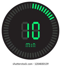 The green digital timer 10 minutes. electronic stopwatch with a gradient dial starting vector icon, clock and watch, timer, countdown symbol.