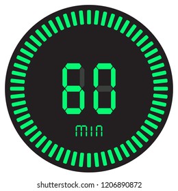 The Green Digital Timer 60 Minutes, 1 Hour. Electronic Stopwatch With A Gradient Dial Starting Vector Icon, Clock And Watch, Timer, Countdown Symbol.