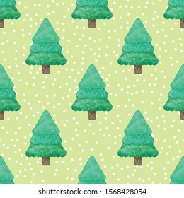 Green Digital Watercolour Effect Winter Pine Trees with a Snow Background Seamless Vector Pattern. Perfect For Fabric, Gift Wrapping Paper, Fashion and Home Decor, Ready For The Festive Season.