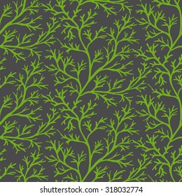 Green dill ornate seamless pattern on dark gray background. Herb organic spice for healthy eating