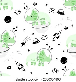 Green dino astronaut hand drawn illustration seamless pattern in doodle style on white background for fashion print, wallpaper, gift wrapping paper etc.
