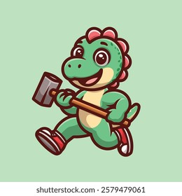 Green Dino Hammer Cartoon Illustration