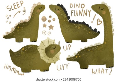 green dino illustration, dinosaur isolated clipart. Childish card with t rex. Ancient animal, zoo design. Cute childish illustration on white background