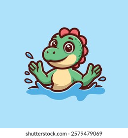 Green Dino Swimming Cartoon Illustration