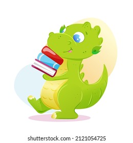 Green dinosaur carries books study