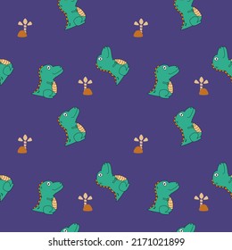 Green dinosaur cartoon so cute.on tree stone purple background.pattern seamless vector and illustration.