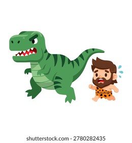 A green dinosaur chasing a cute caveman. The dinosaur has dark green stripes on its back and tail. The caveman has brown hair and a beard. Flat vector mascot design.