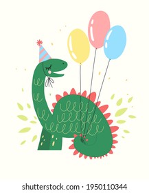 A green dinosaur in a conus hat holding colorful balloons.  Funny hand drawn dino character isolated on white background. Vector illustration for children t-shirts, stickers, greeting cards.