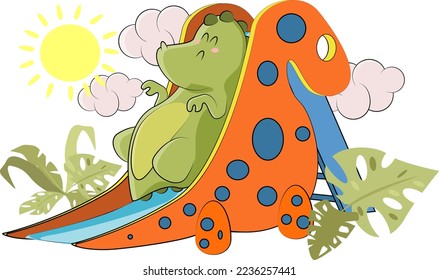 A green dinosaur decided to ride a slide