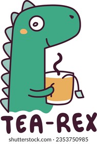 Dinosaurios verdes tomando una taza de té con el texto Tea-Rex