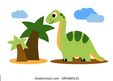 green dinosaur eats greens from a palm tree