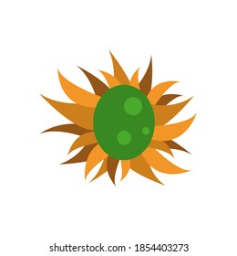 Green dinosaur egg in a nest made of hay, for design, isolated on white background, vector illustration.