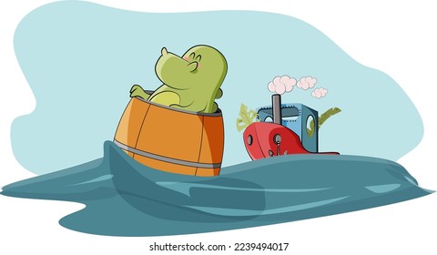 green dinosaur fell overboard and swims in a barrel swaying through the waves