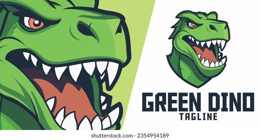 Green Dinosaur Head Illustration Logo: Mascot, Vector Graphic for Sport and E-Sport Gaming Teams, Highlighting Dino Trex Mascot Head.

