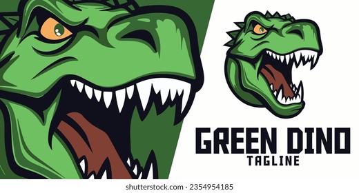 Green Dinosaur Head Logo: Illustrated, Mascot, Illustration, Vector Graphic for Sport and E-Sport Gaming Teams, Featuring Dino Trex Mascot Head.

