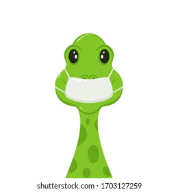 The green dinosaur or lizard wears medical protective mask on its face due to a virus or disease.  Protecting health from infectious, disease and coronavirus. Illustration with flat cartoon character