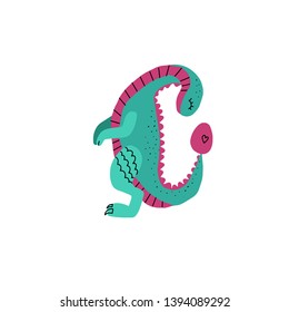 Green dinosaur with long neck and orange stripes flat hand drawn cartoon illustration. Vector slipart of scandinavian style character for children,kid game, book, t-shirt, textile on white background
