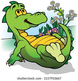 Green Dinosaur Lying on his Back - Colored Illustration with Background, Vector