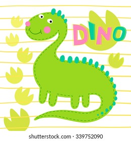 Green dinosaur on striped background vector illustration. Dinosaur background.