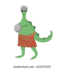 A green dinosaur on vacation wearing a hat, glasses, shorts and with a ball on a white background.Vector illustration of an animal.