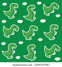 Green dinosaur pattern with clouds drawn illustrated green background