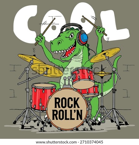 Green dinosaur performing enthusiastically on red drum set while wearing headphones. Music concept
