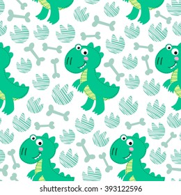 Green Dinosaur Rex vector seamless pattern. Dinosaur design