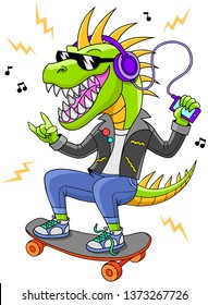 Green dinosaur is riding a skateboard. Vector illustration of a cool tyrannosaur with sunglasses and headphones.