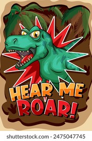 Green dinosaur roaring with bold text