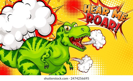 Green dinosaur roaring with comic effects