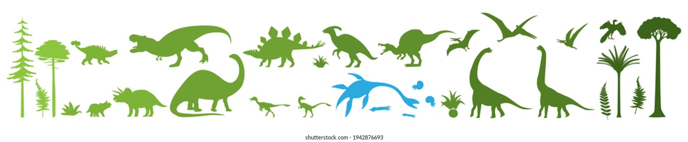 Siluetas de dinosaurios verdes. Animales salvajes Dino jurásico, ilustración vectorial. Stegosaurus, brontosaurus, tyrannosaurus rex, velociraptor parasaurolophus spinosaurus brachiosaurus triceratops pteranodon