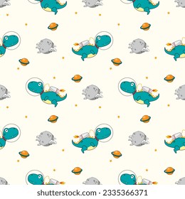 Green dinosaur in the space cartoon so cute. On moon cloud star Saturn background. Pattern seamless vector illustration.