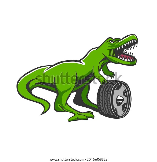 Green\
dinosaur tirex holding a wheel from a light\
car