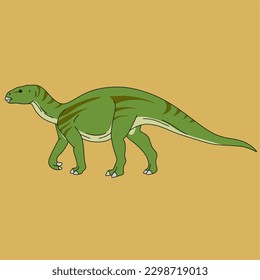 A green dinosaur with a white stripe on the front, tenontosaurus is a herbivorous dinosaur.