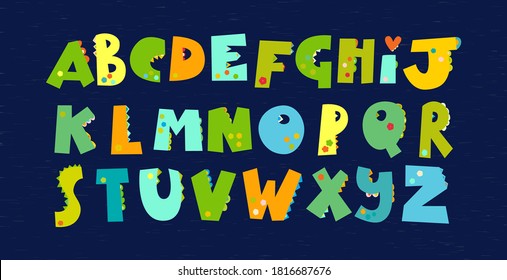 Green dinosaurs alphabet. Font for Dino prints of childrens textiles, Wallpaper, paper for Dino scrapbooking, packaging, invitation card, holidays in the style of monsters, dragons. Vector