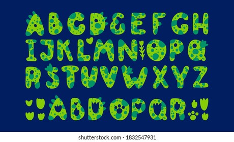 Green dinosaurs alphabet. Font for Dino prints of childrens textiles, Wallpaper, paper for Dino scrapbooking, packaging, invitation card, holidays in the style of monsters, dragons. Vector