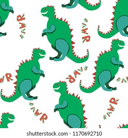 Green dinosaurs rawr on the white background create a fun cartoon drawing. 