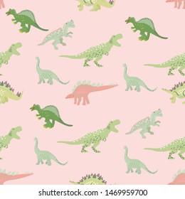 Green dinosaurs seamless pattern on pink background. Vector Illustration