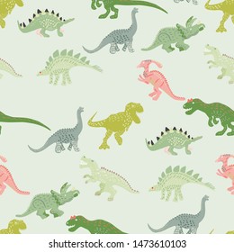 Green dinosaurs seamless pattern on light green background. Vector Illustration